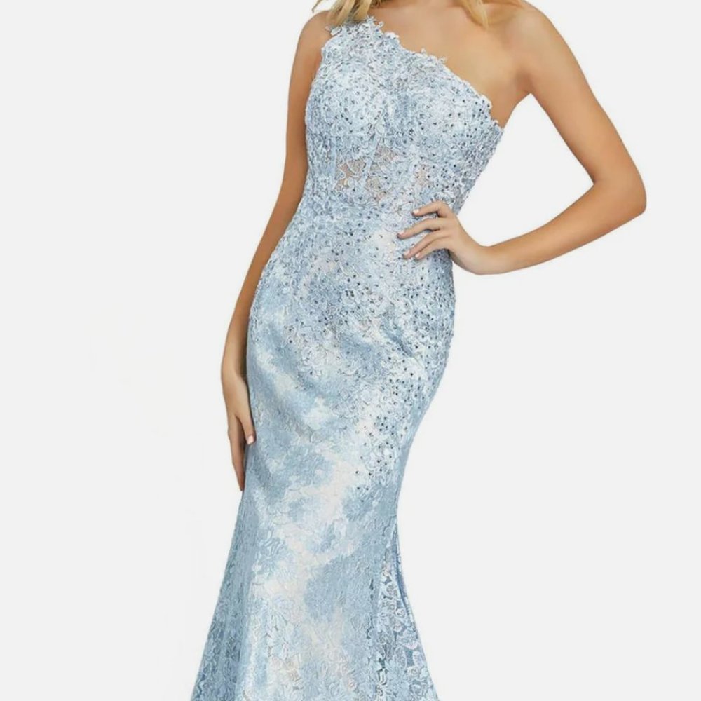 Mac Duggal Womens Blue Lace Maxi Evening Gown